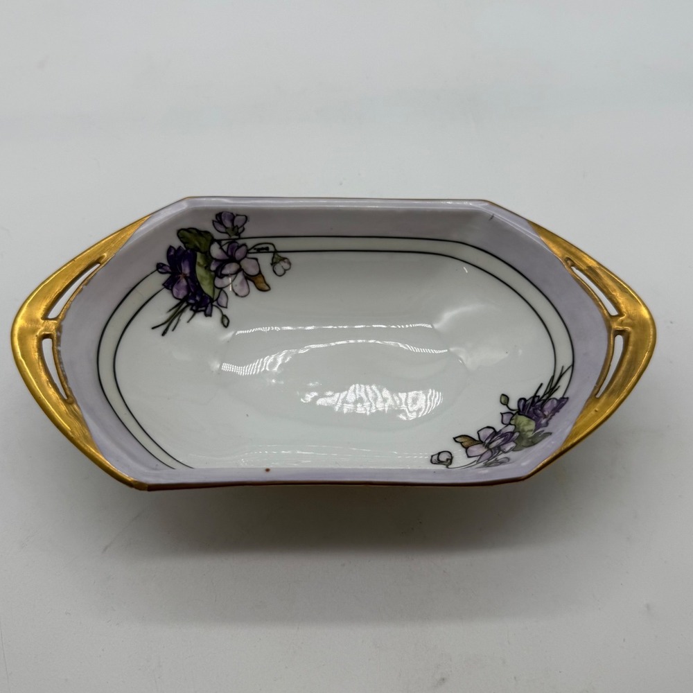 MZ Austria Porcelain Hand Painted Violet Trinket Dish Buchanan Studio Gold Trim